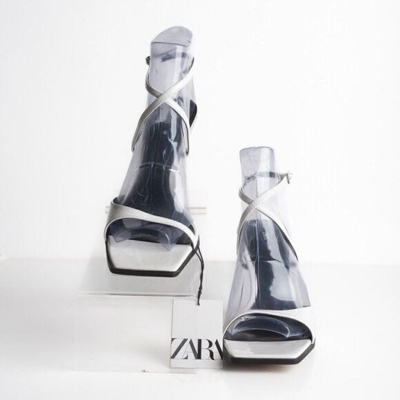 Zara Womens White Faux Leather Sandals Heels asymmetric strap US 7.5 EU 38 NWT - Picture 4 of 8